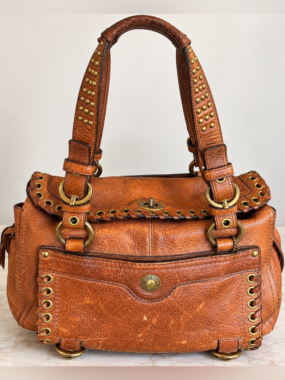 Coach Chelsea Abbey 10972 Laced Leather Satchel Tobacco Brown Y2K 2007